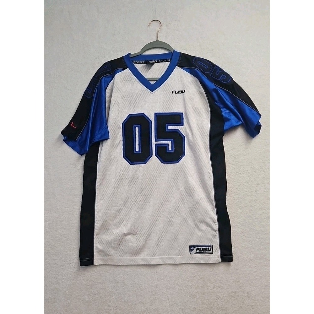 Vintage FUBU Sport 05 Football Jersey White Blue Mens Size XL Champions Y2K